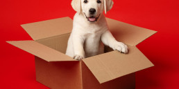 A,Labrador,Puppy,Is,Sitting,In,A,Cardboard,Box.,White