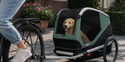 golden retriever pup in een rijdende fietskar