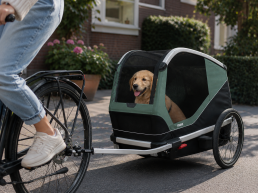 golden retriever pup in een rijdende fietskar