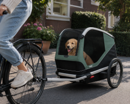 golden retriever pup in een rijdende fietskar