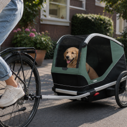 golden retriever pup in een rijdende fietskar
