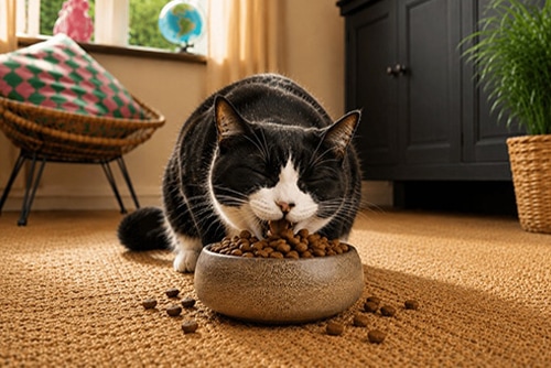 Zwart-witte kat naast een voerbak met kattenbrokken en een zak droogvoer.