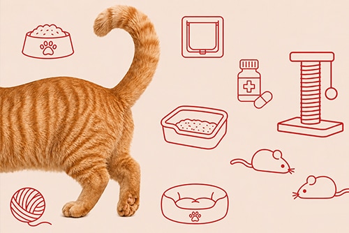 Oranje kat naast illustraties van kattenbenodigdheden zoals voerbak, kattenbak, krabpaal, mand en speelgoed.