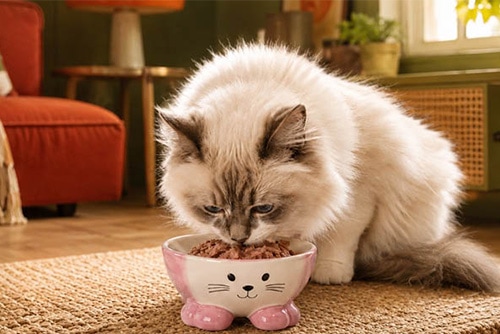 Witte kat eet natvoer uit een roze voerbak in een huiselijke omgeving.